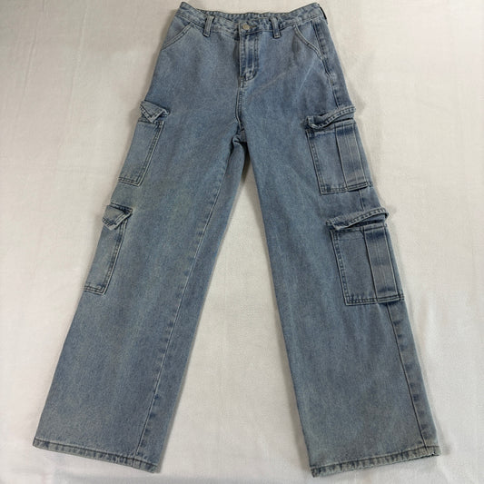 Shein Teen Girls 14Y Wide Leg Denim Cargo Jeans Light Wash Multi Pocket Y2K Style