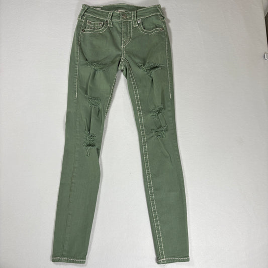 True Religion Jeans Women’s Jennie Curvy Skinny Green Distressed Size 25