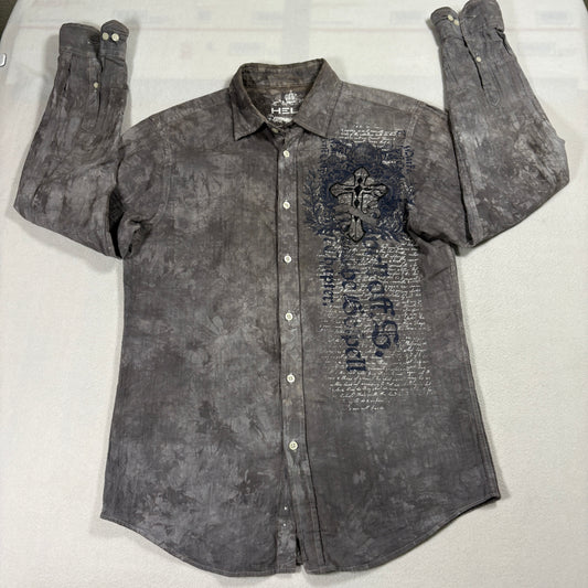 Helix Button Up Shirt Mens Medium Gray Distressed Cross Graphic Y2K Grunge Top