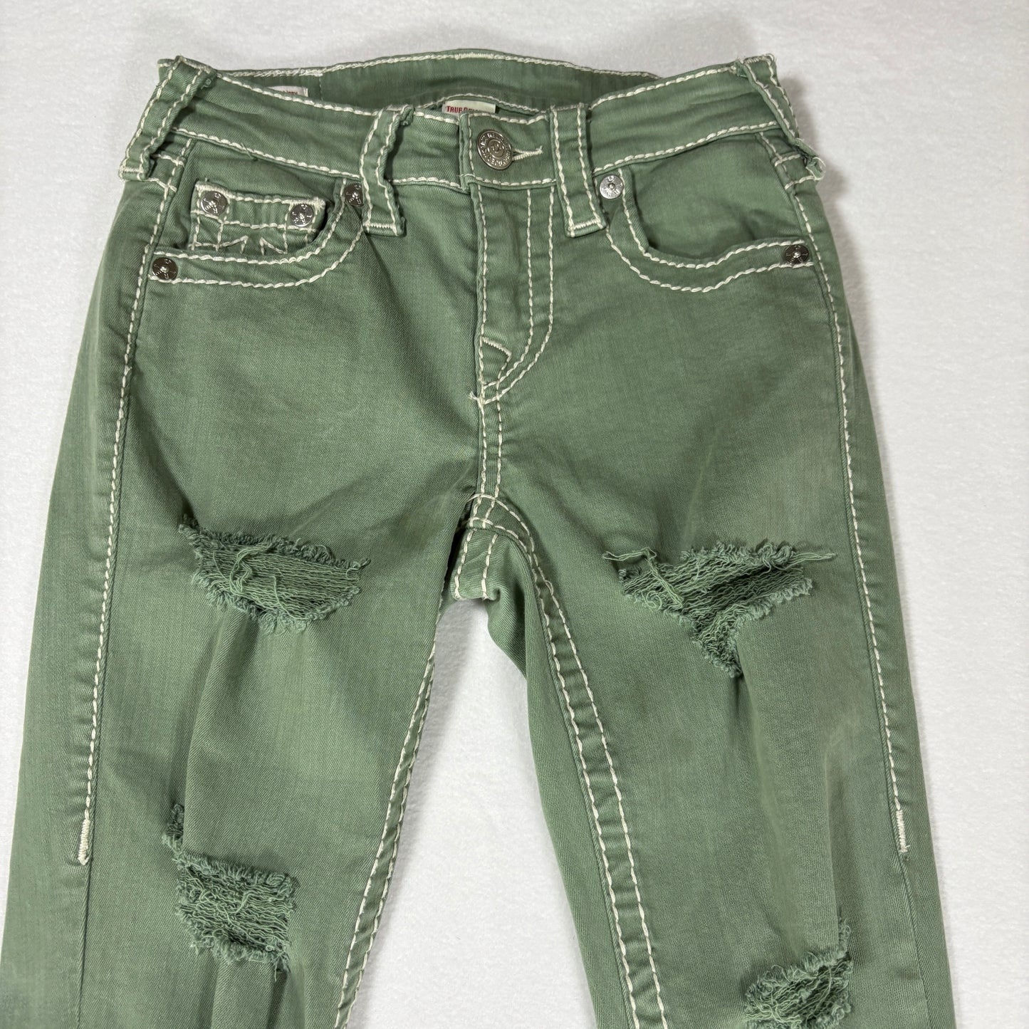 True Religion Jeans Women’s Jennie Curvy Skinny Green Distressed Size 25