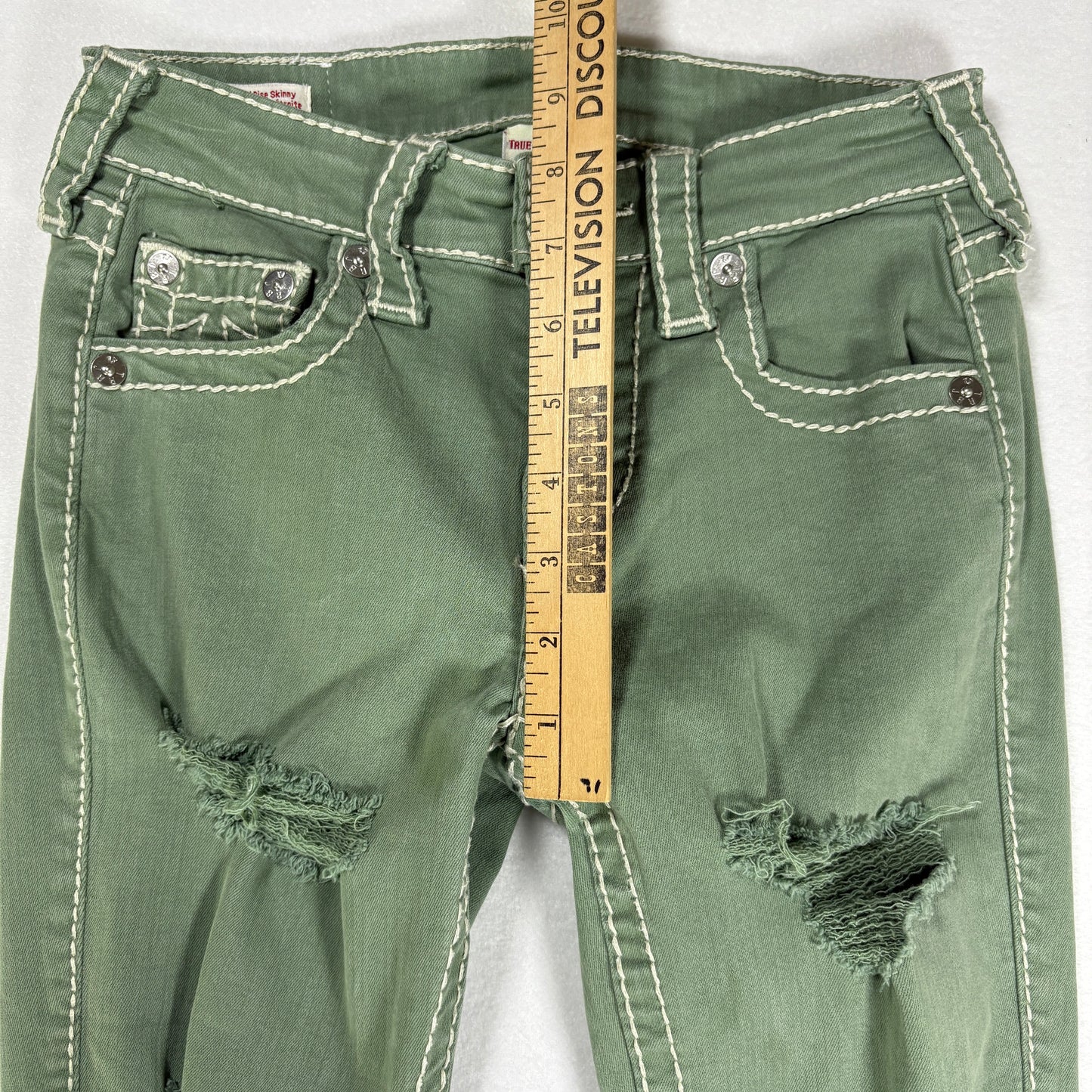 True Religion Jeans Women’s Jennie Curvy Skinny Green Distressed Size 25