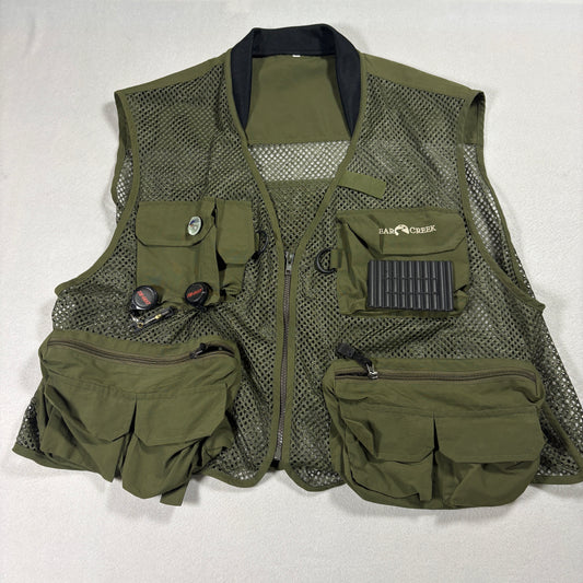 Clear Creek Fishing Vest Mens Large Olive Green Mesh Utility Outdoor Gear Pockets