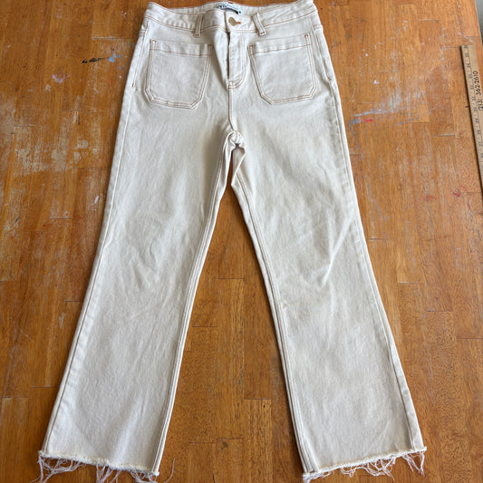 Zara Jeans Womens 8 Cream Off White Raw Hem Straight Leg Stretch Denim Casual