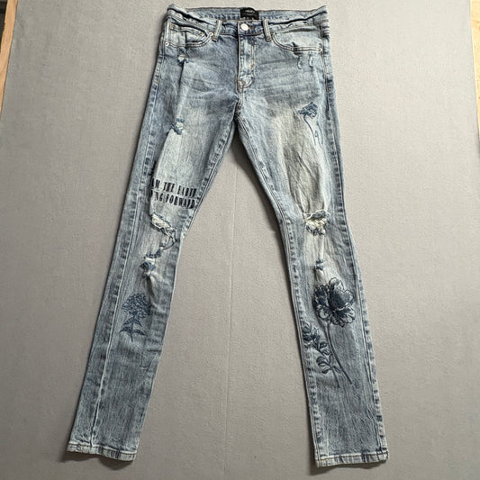 Y2K Floral Distressed Skinny Jeans Forever 21 Tag 32 Fits Like 30x31 Moto Biker