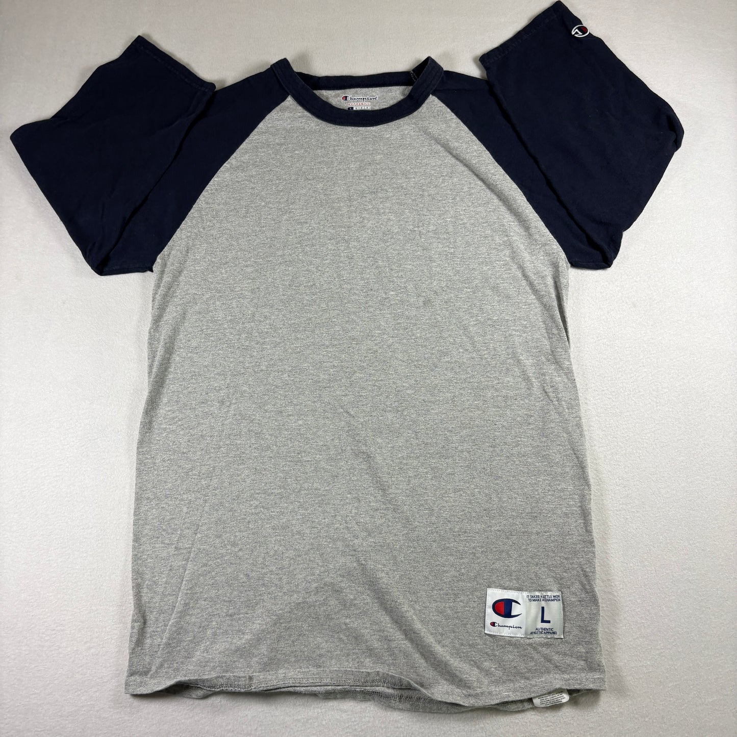 Champion Mens Gray Navy Raglan T Shirt Size Large Y2K 90s Vintage Athletic Tee