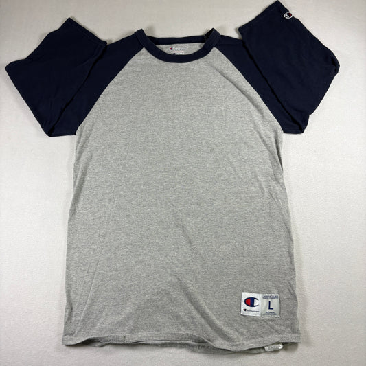 Champion Mens Gray Navy Raglan T Shirt Size Large Y2K 90s Vintage Athletic Tee