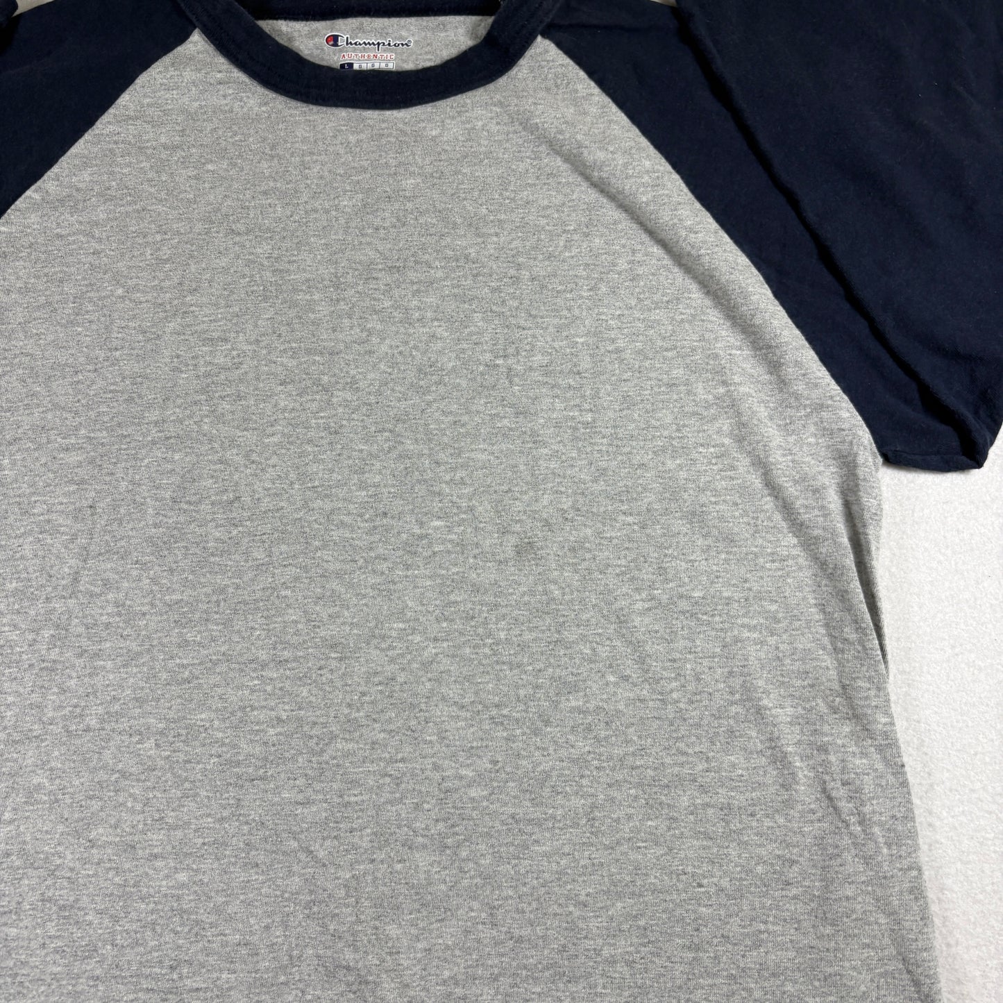 Champion Mens Gray Navy Raglan T Shirt Size Large Y2K 90s Vintage Athletic Tee