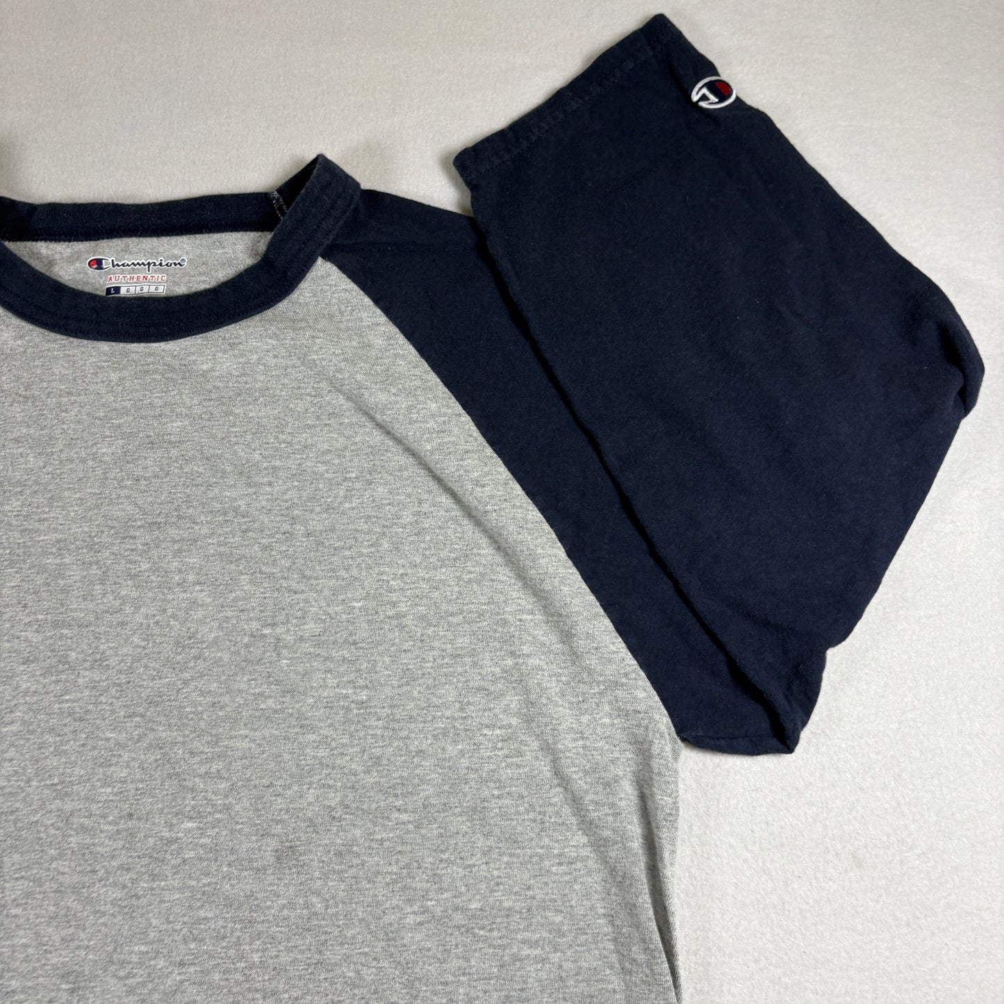 Champion Mens Gray Navy Raglan T Shirt Size Large Y2K 90s Vintage Athletic Tee