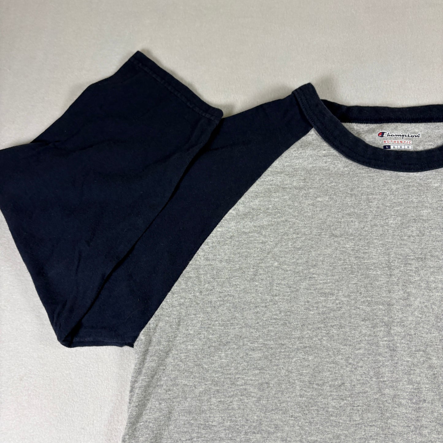Champion Mens Gray Navy Raglan T Shirt Size Large Y2K 90s Vintage Athletic Tee