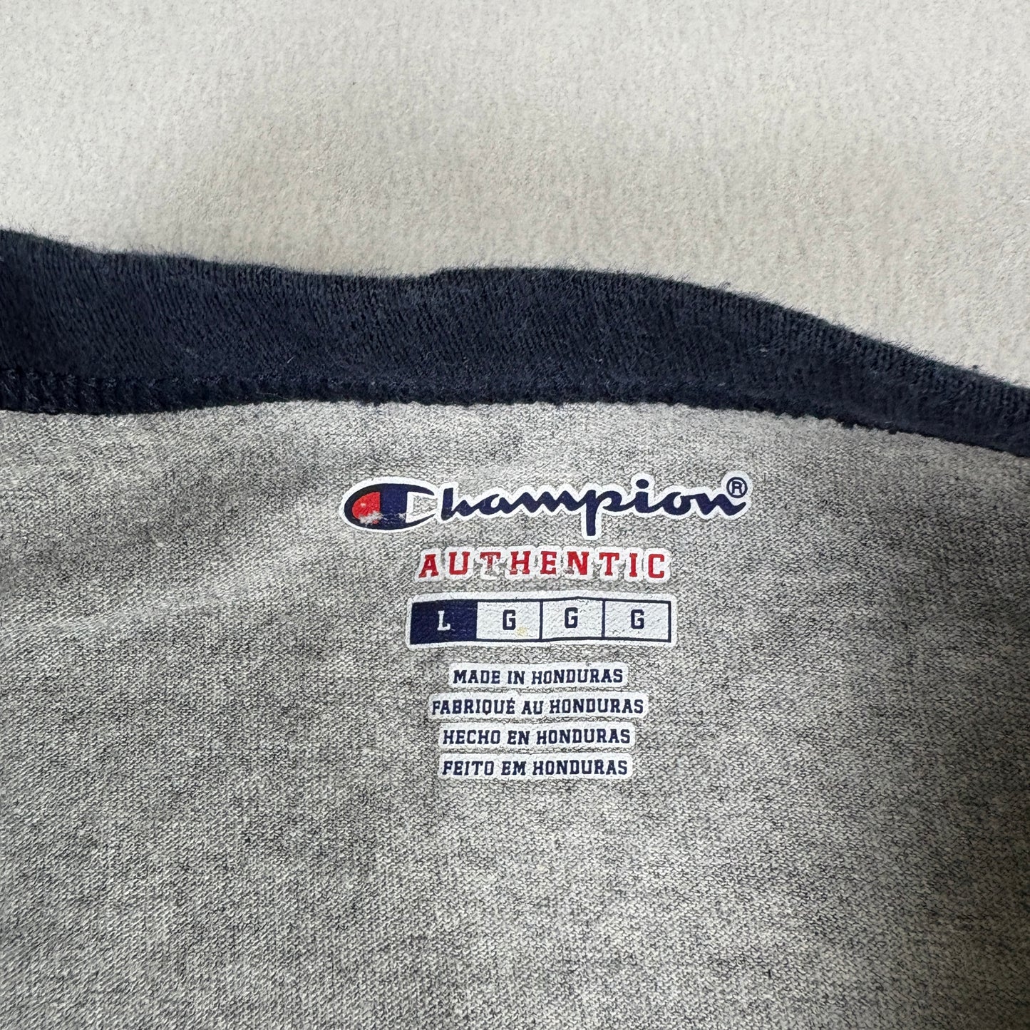 Champion Mens Gray Navy Raglan T Shirt Size Large Y2K 90s Vintage Athletic Tee