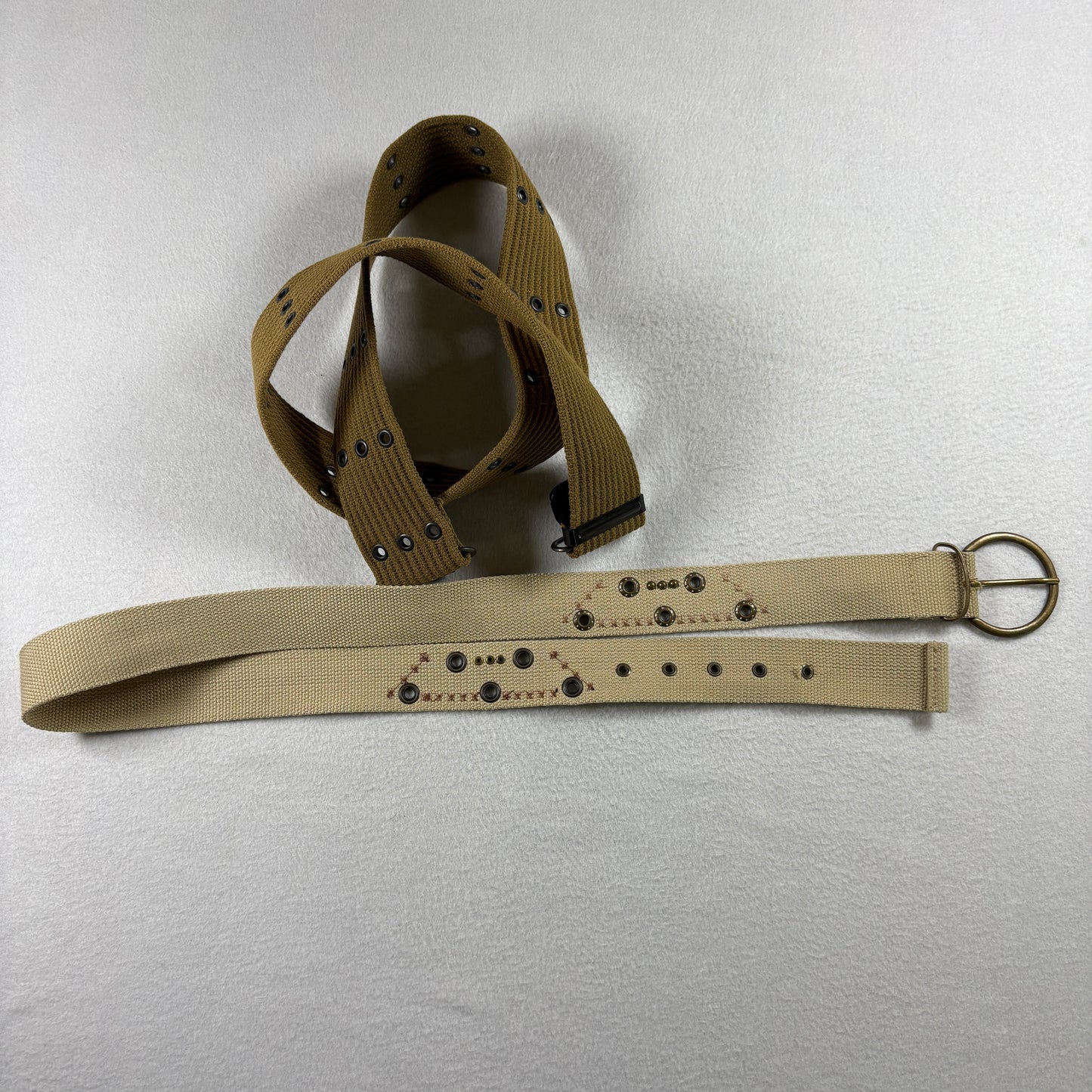 Lot 2 Military Web Belts Canvas Khaki Tan Utility Army Style Grommet D Ring