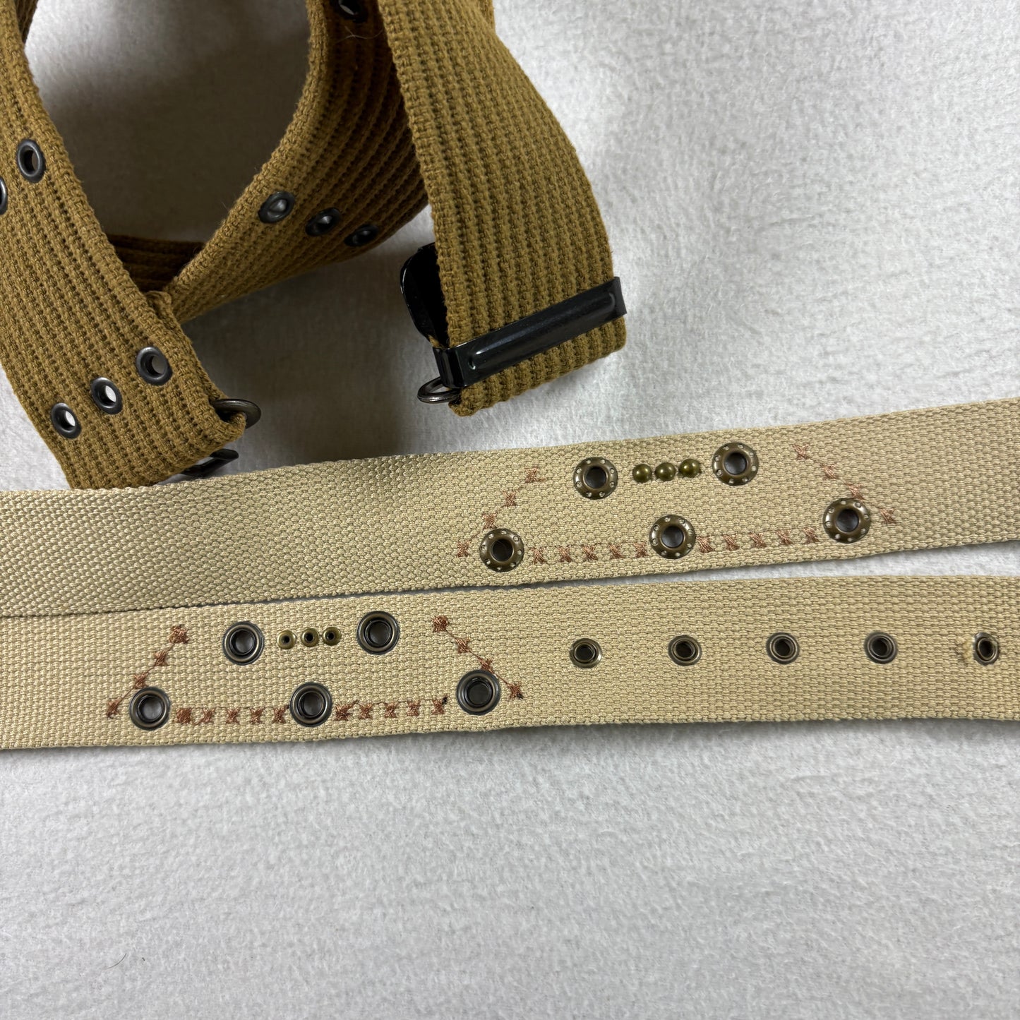 Lot 2 Military Web Belts Canvas Khaki Tan Utility Army Style Grommet D Ring