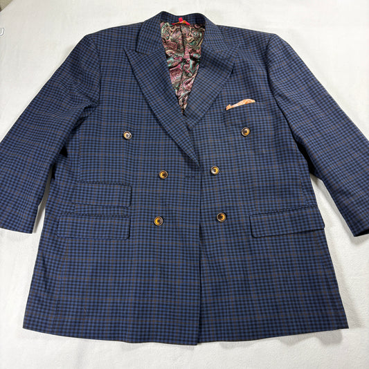 R Lewis Blazer Jacket Mens 3X Blue Check Double Breasted Paisley Lined Vintage!!