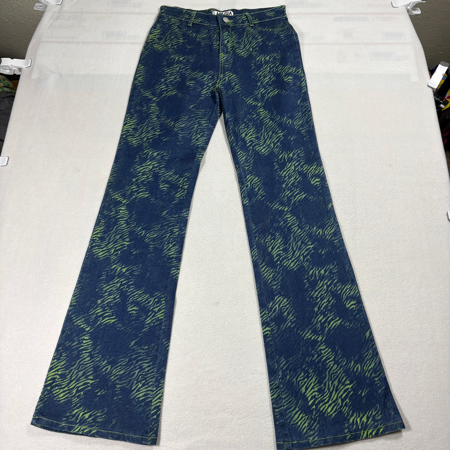 I AM GIA Womens Flare Jeans Blue Green Zebra Print Y2K Low Rise Pants Size S