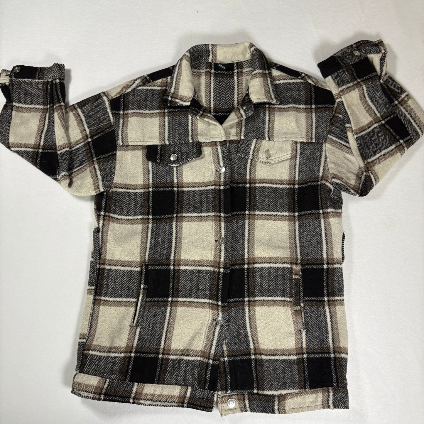 Plaid Flannel Jacket Shacket Men’s Small Beige Brown Black Button Up Overshirt