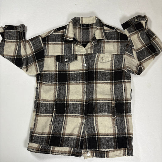 Plaid Flannel Jacket Shacket Men’s Small Beige Brown Black Button Up Overshirt