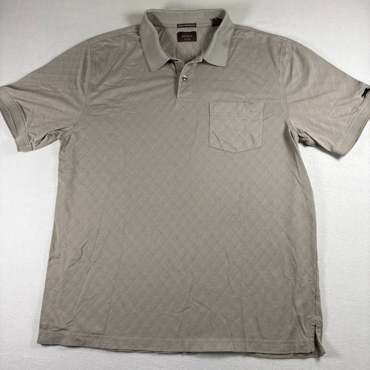 Greg Norman for Tasso Elba Men’s Polo Shirt Beige Diamond Pattern Size L Golf Casual