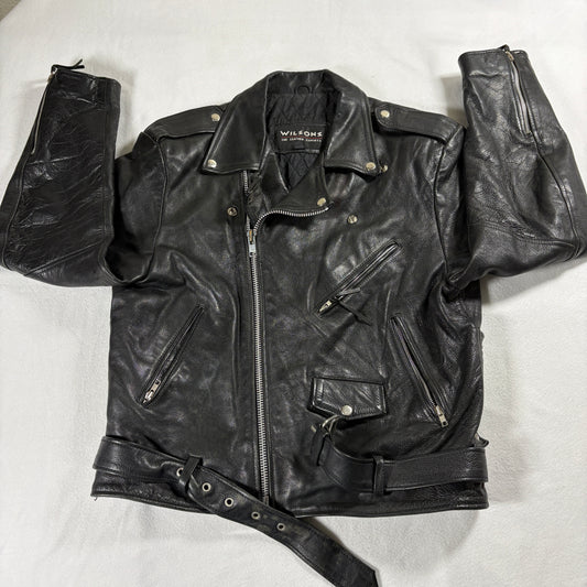 Wilsons Leather Jacket Mens Large Black Moto Biker Vintage Distressed Belted Fit