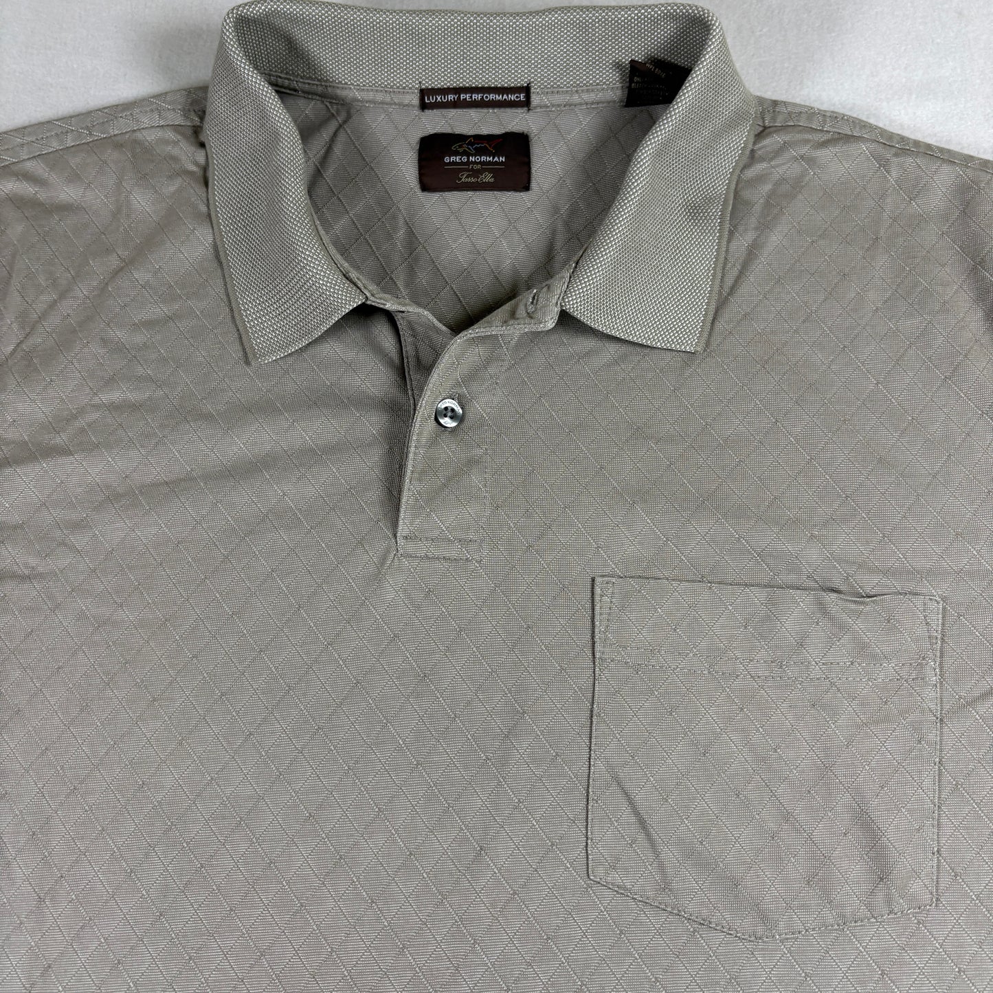 Greg Norman for Tasso Elba Men’s Polo Shirt Beige Diamond Pattern Size L Golf Casual