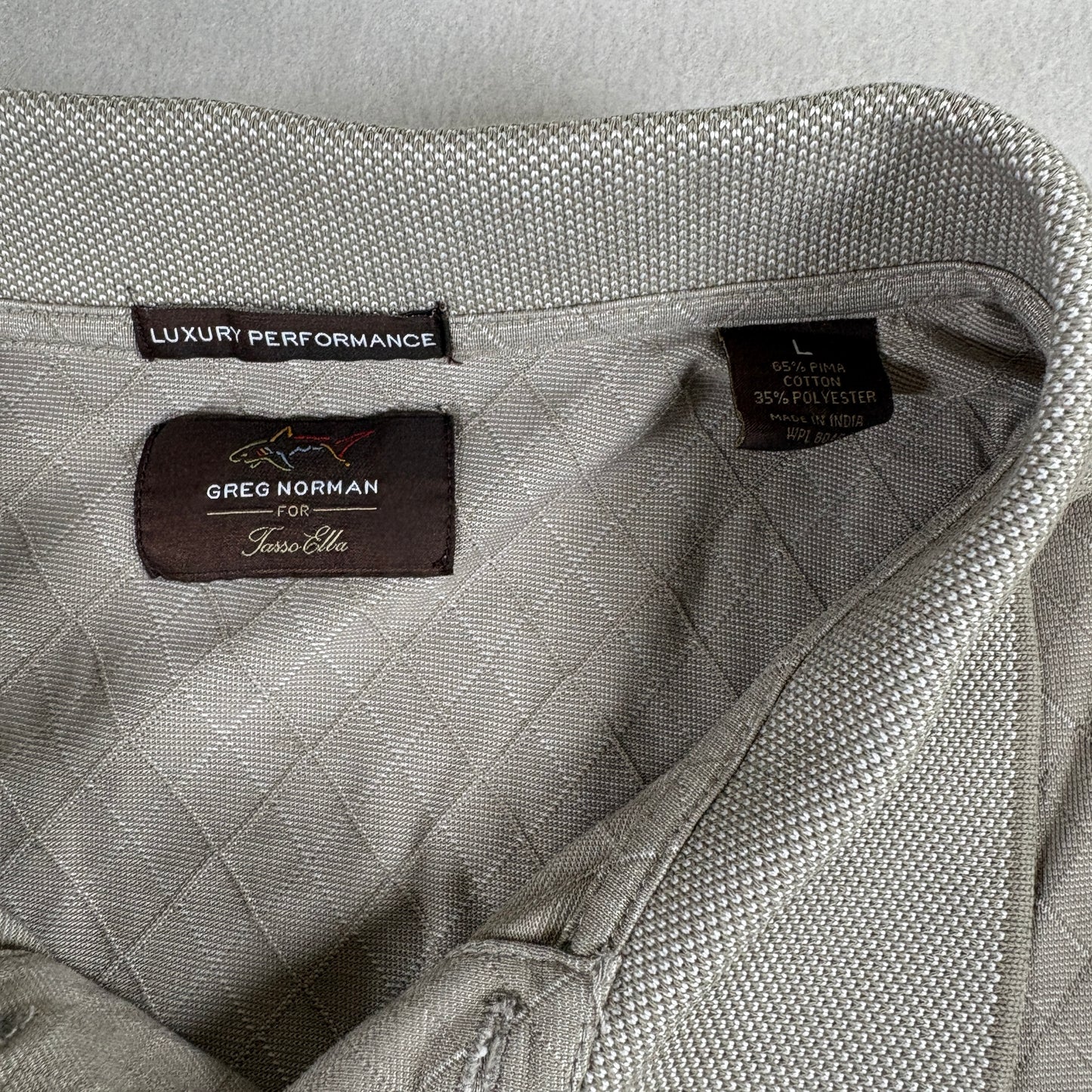 Greg Norman for Tasso Elba Men’s Polo Shirt Beige Diamond Pattern Size L Golf Casual