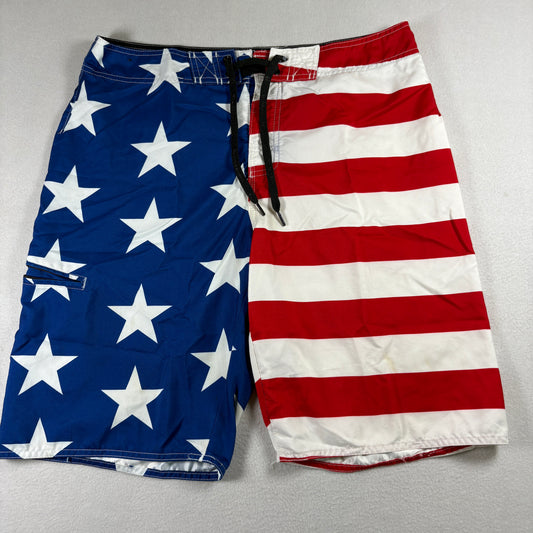 Hang Ten Mens Board Shorts 34 USA Flag Swim Trunks Red White Blue Stars Stripes