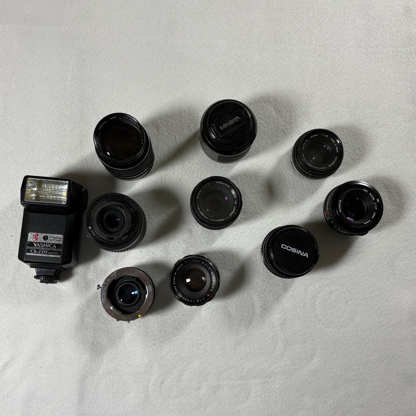 Vintage Camera Lens Lot Nikon Minolta Olympus Yashica 50mm Macro Zoom Flash