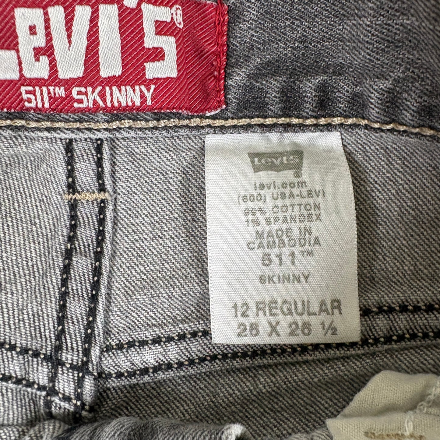 Levis Mens 511 Jeans Size 26x26.5 Gray Skinny Denim Slim Fit Y2K Vintage
