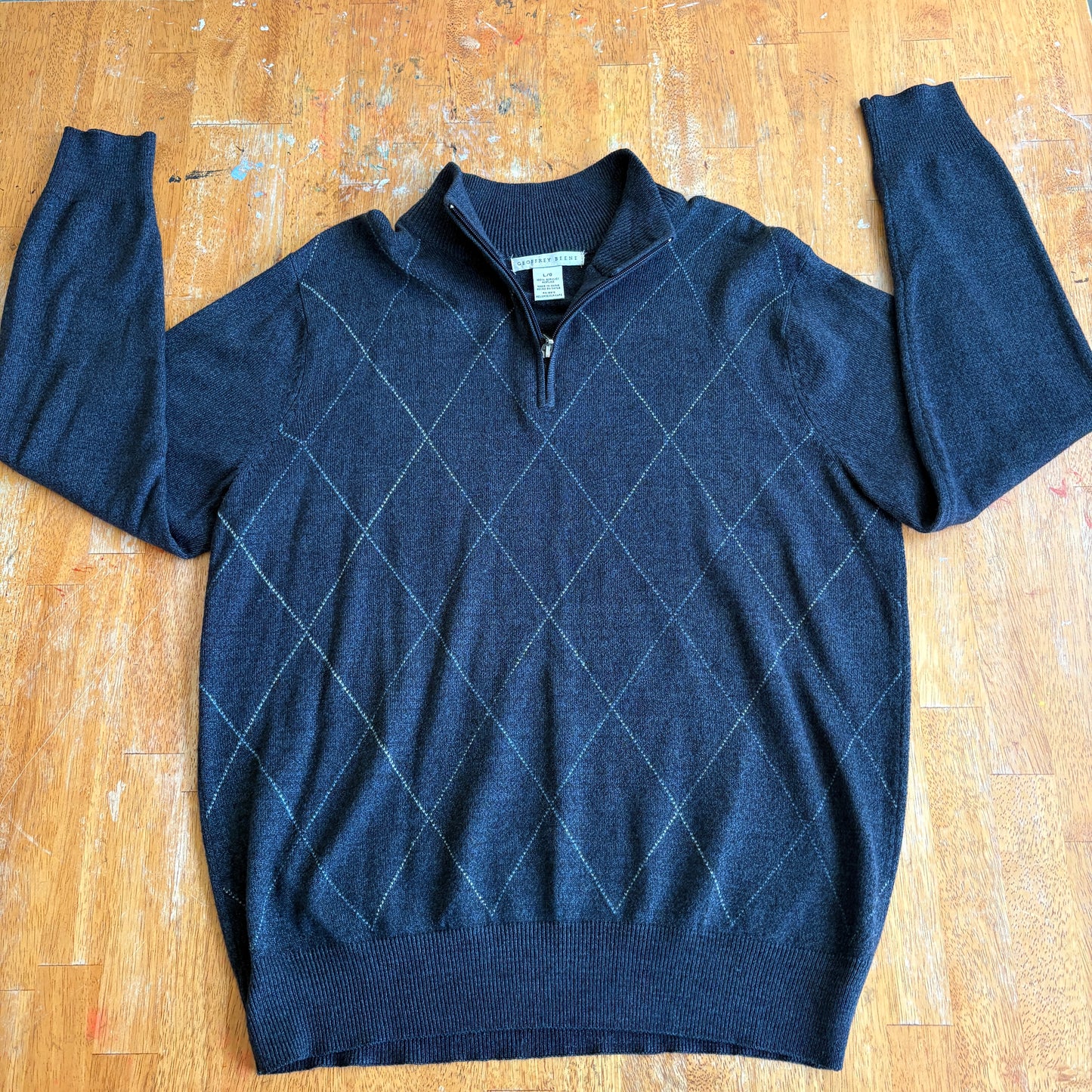 Geoffrey Beene Sweater Mens Large Blue Quarter Zip Argyle Preppy Classic Cozy!