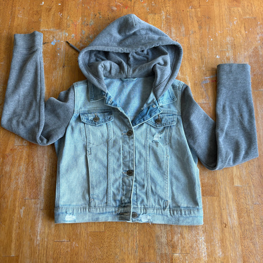 Hollister Denim Jacket Womens Small Hooded Distressed Y2K Streetwear Blue Retro90