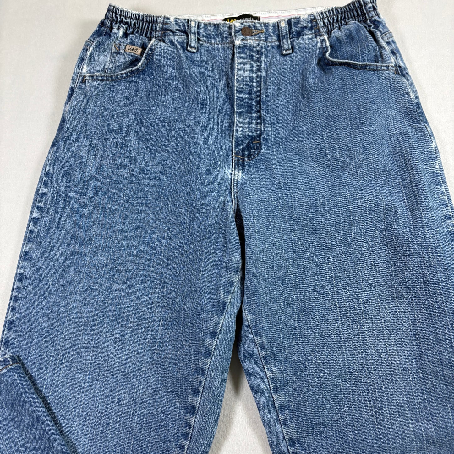 Lee Mens Jeans Relaxed Fit Blue Denim Elastic Waist Straight Leg 90s Grunge