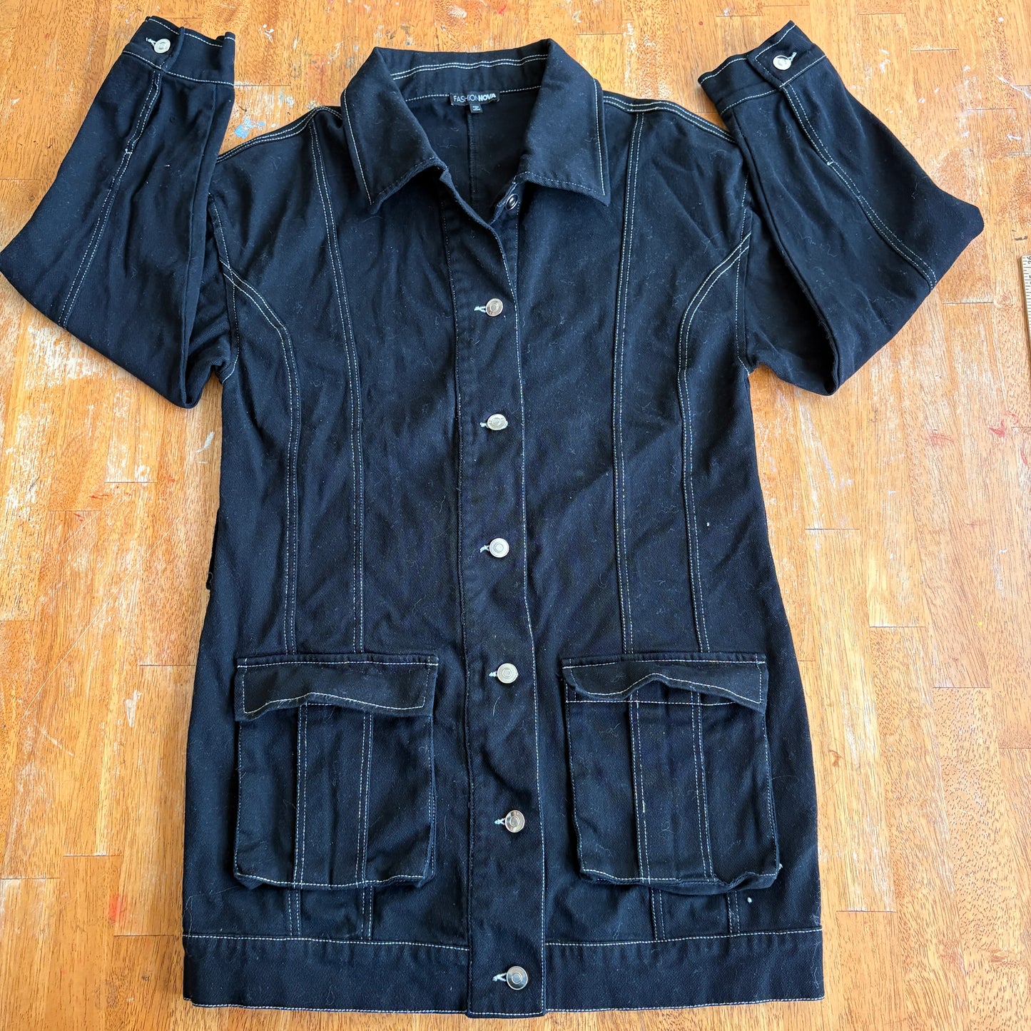 Fashion Nova Denim Jacket Womens Medium Black Stretch Y2K Streetwear Retro Style