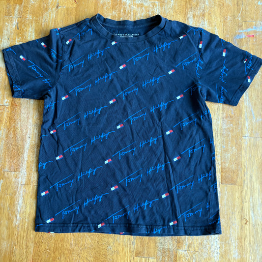 Tommy Hilfiger T Shirt Youth M 12 14 All Over Logo Y2K Streetwear Tee Navy Blues
