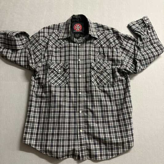 West Coast Choppers Plaid Snap Shirt Mens L Biker Y2K Grunge Workwear