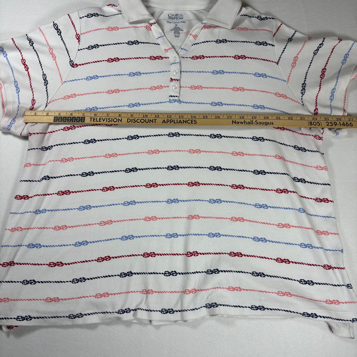 Croft & Barrow Polo Shirt 3X Classic Fit White Nautical Rope Stripe Short Sleeve