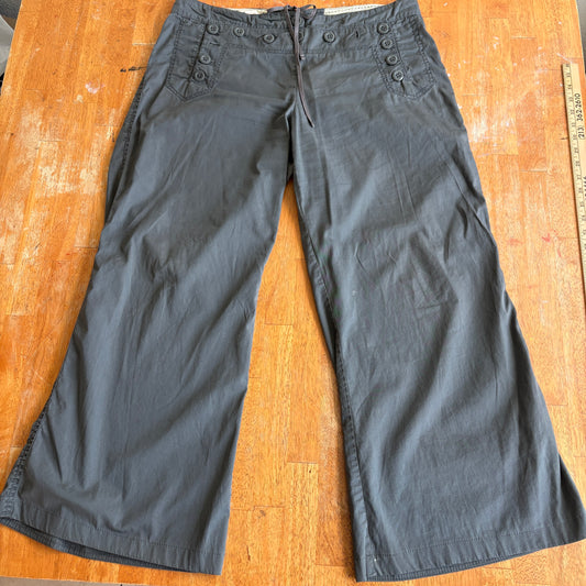 Womens Gray Wide Leg Pants Size 10 Drawstring Button Detail Casual Linen FitWear