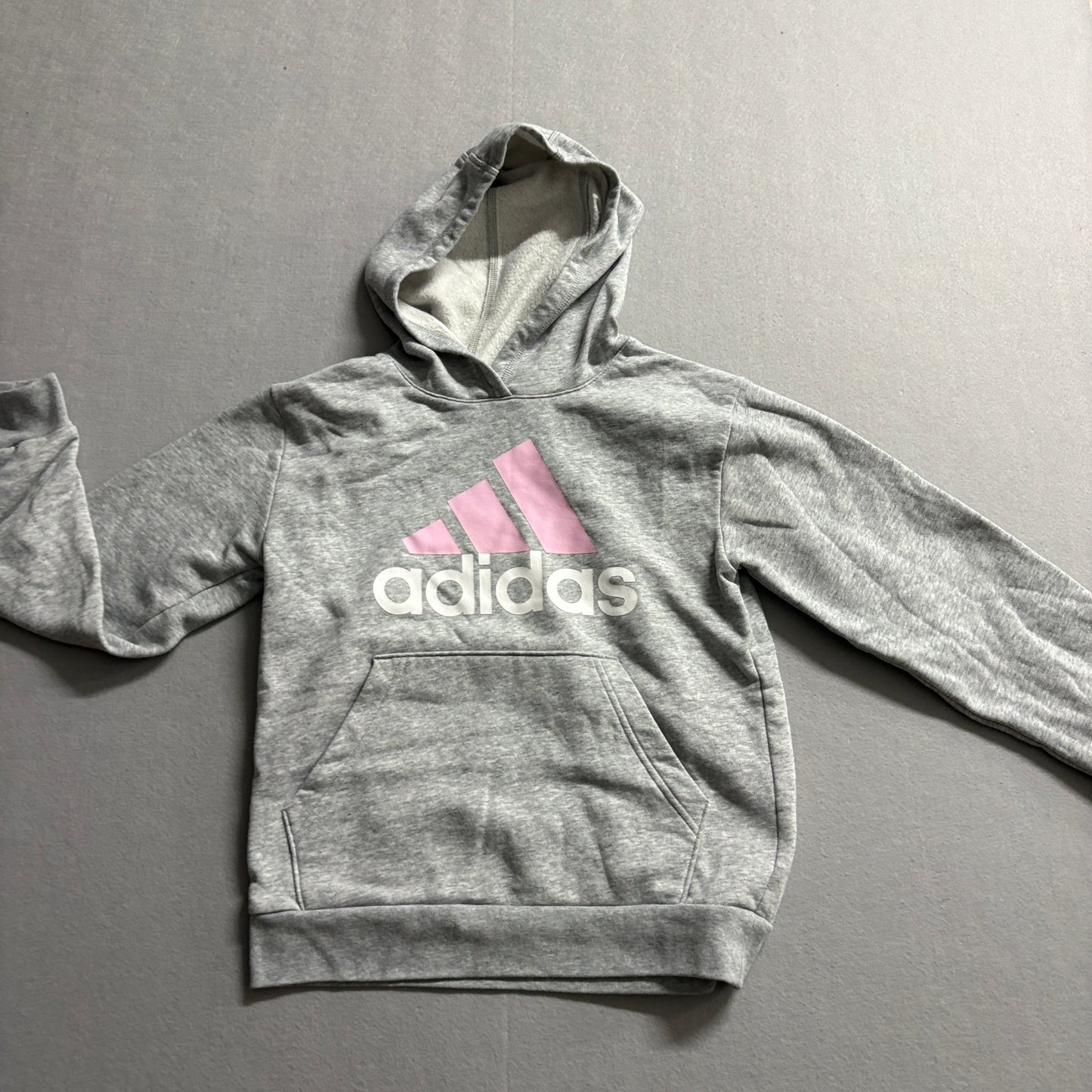 Adidas Hoodie Medium Fits Like Women’s M Gray Pink Logo Pullover Athletic