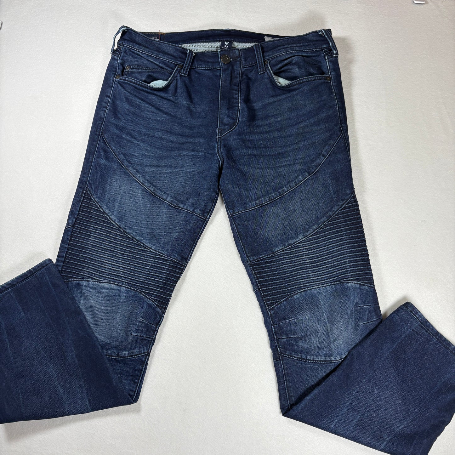 True Religion Jeans Mens 33 Rocco Relaxed Skinny Moto Biker Dark Wash Denim