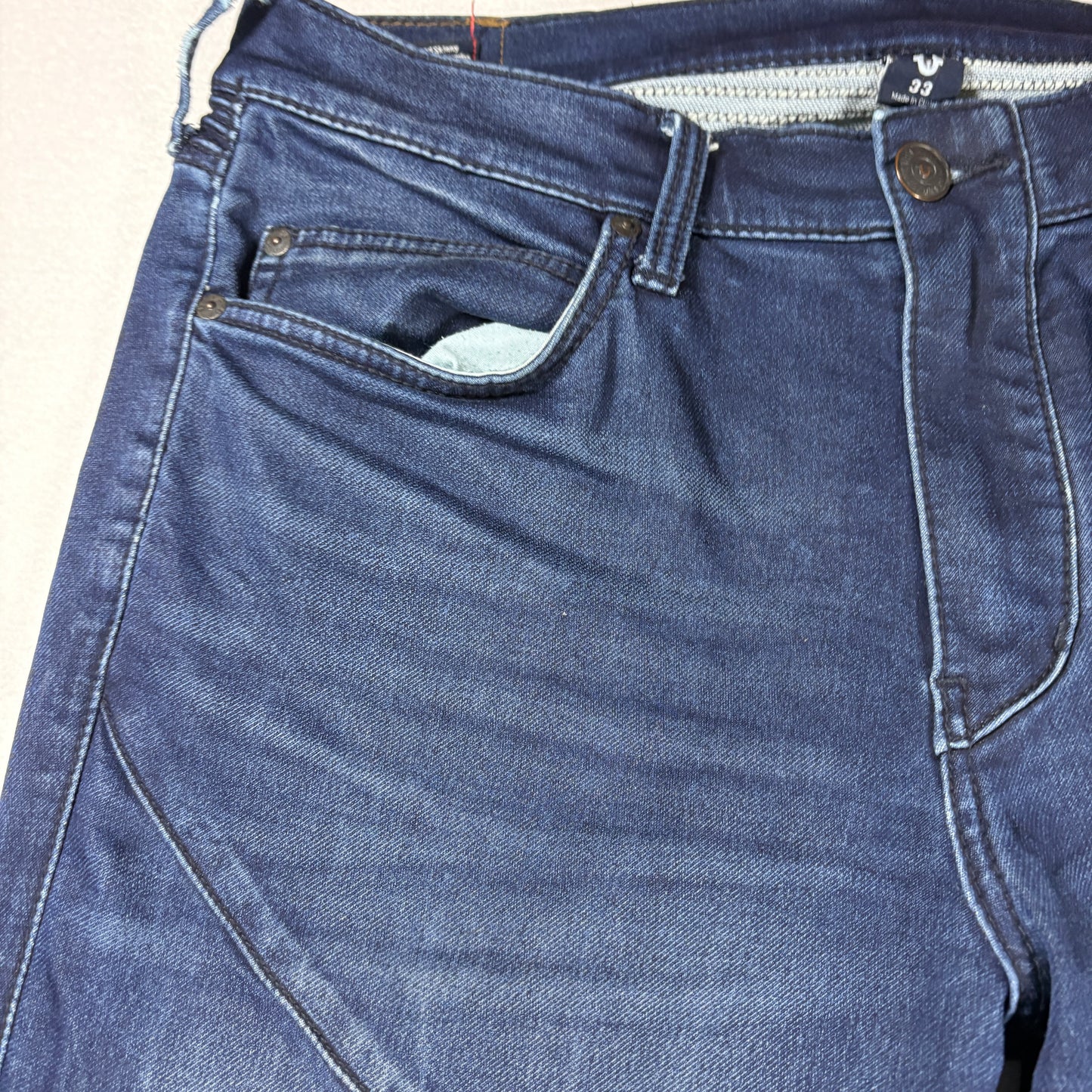 True Religion Jeans Mens 33 Rocco Relaxed Skinny Moto Biker Dark Wash Denim