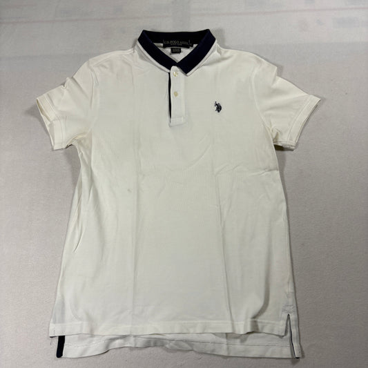 Polo Shirt Mens Medium Slim Fit White Navy Collar Classic Casual Streetwear