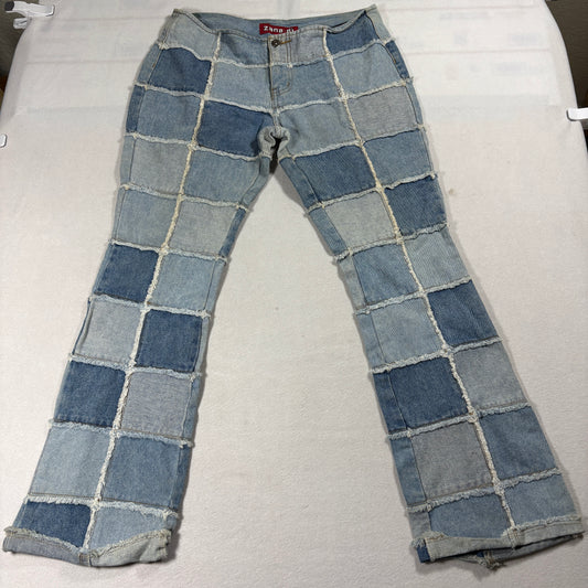 Patchwork Flare Jeans Womens 7 Y2K Grunge Distressed Multi Denim Streetwear