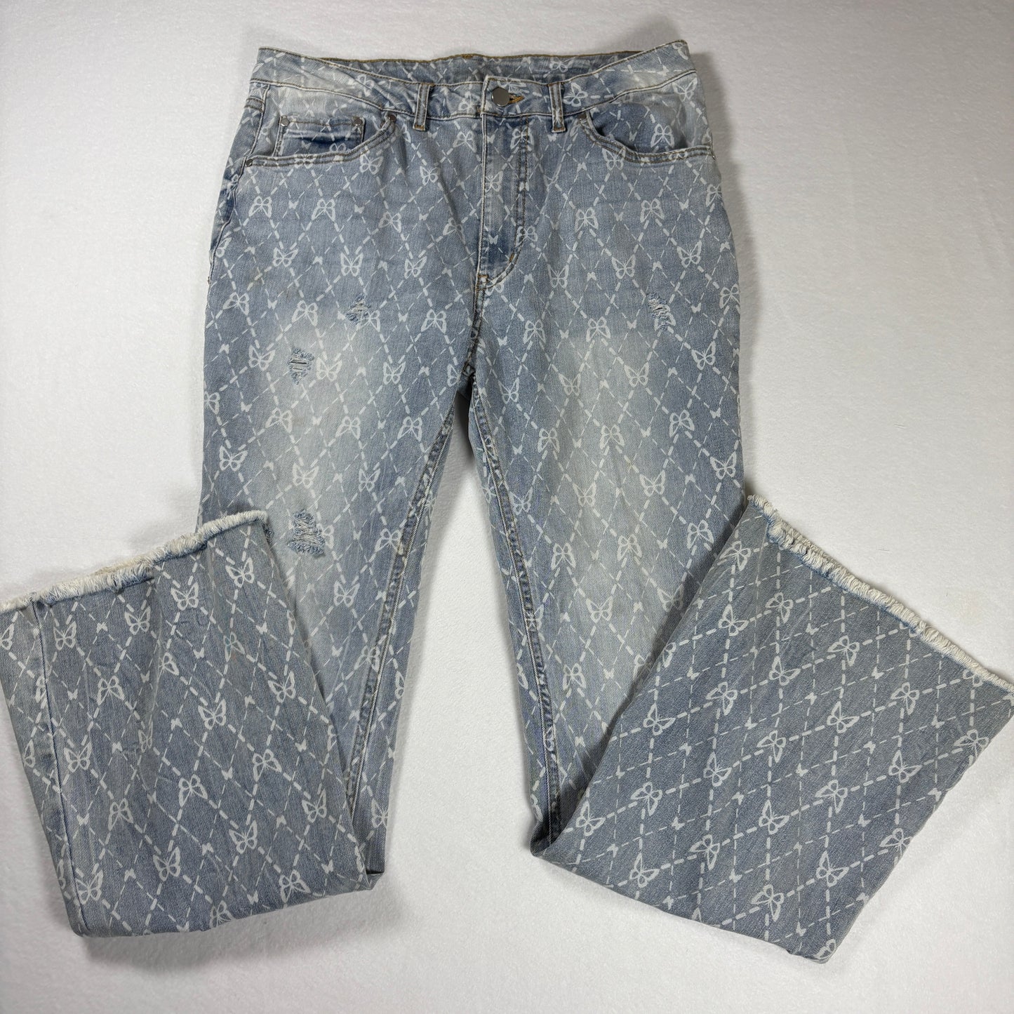 No Boundaries Jeans Womens 11 Blue Print Distressed Flare Leg Boho Y2K Denim