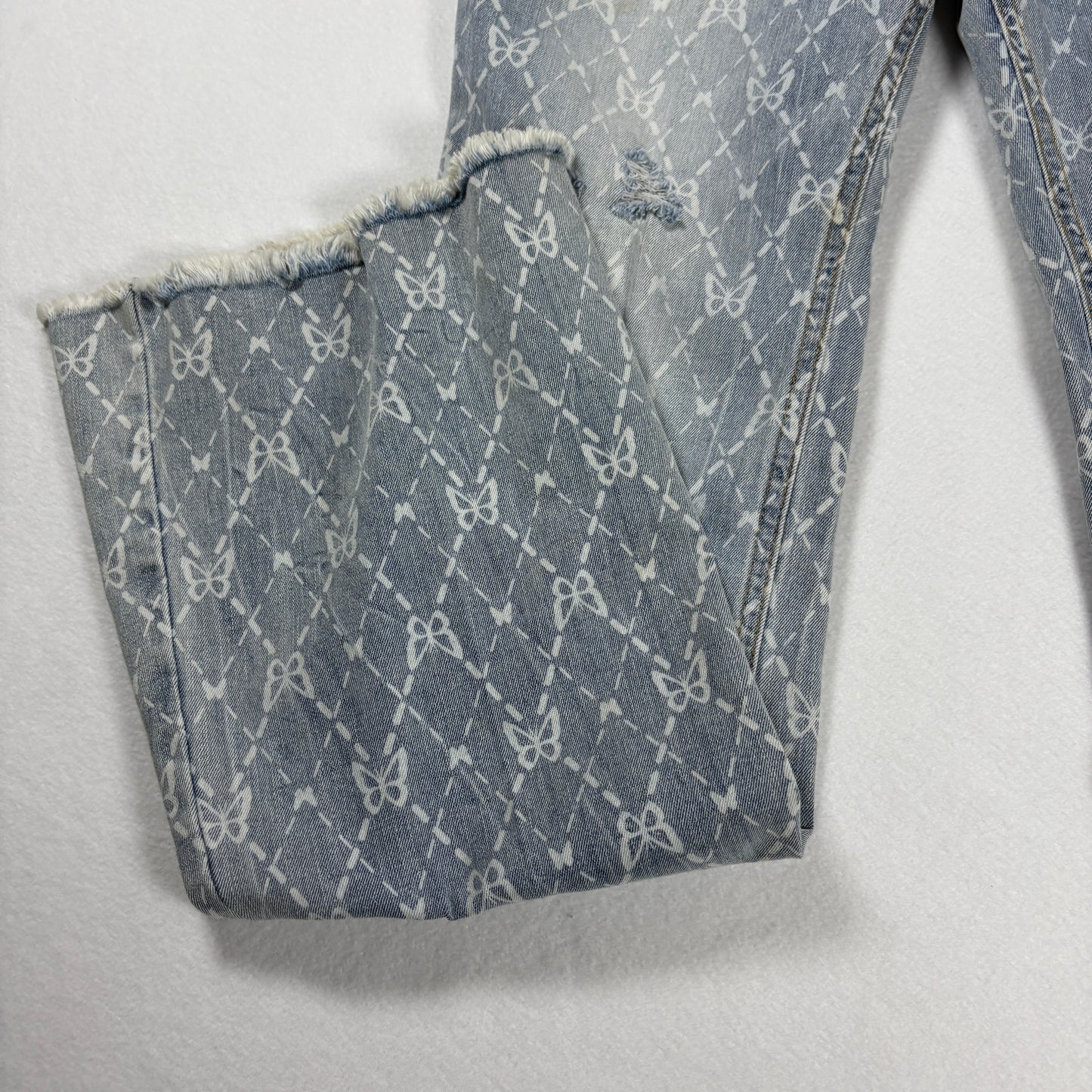 No Boundaries Jeans Womens 11 Blue Print Distressed Flare Leg Boho Y2K Denim