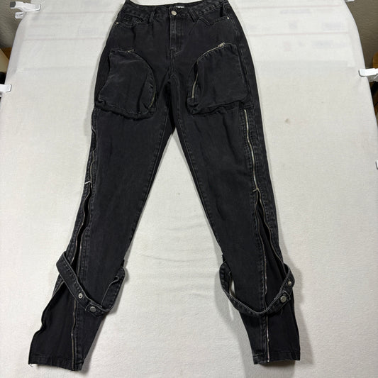 Fashion Nova Cargo Jeans Womens 3 Black Zip Strap Y2K Grunge Streetwear