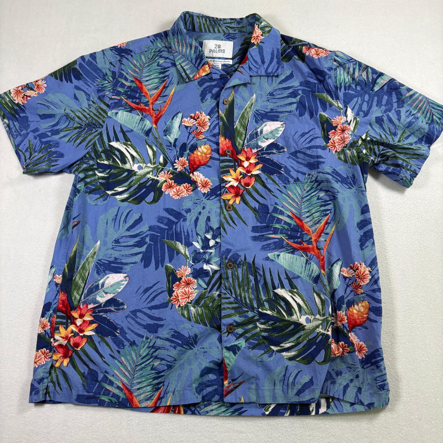 28 Palms Mens Hawaiian Shirt XL Blue Tropical Floral Aloha Button Up Vacation