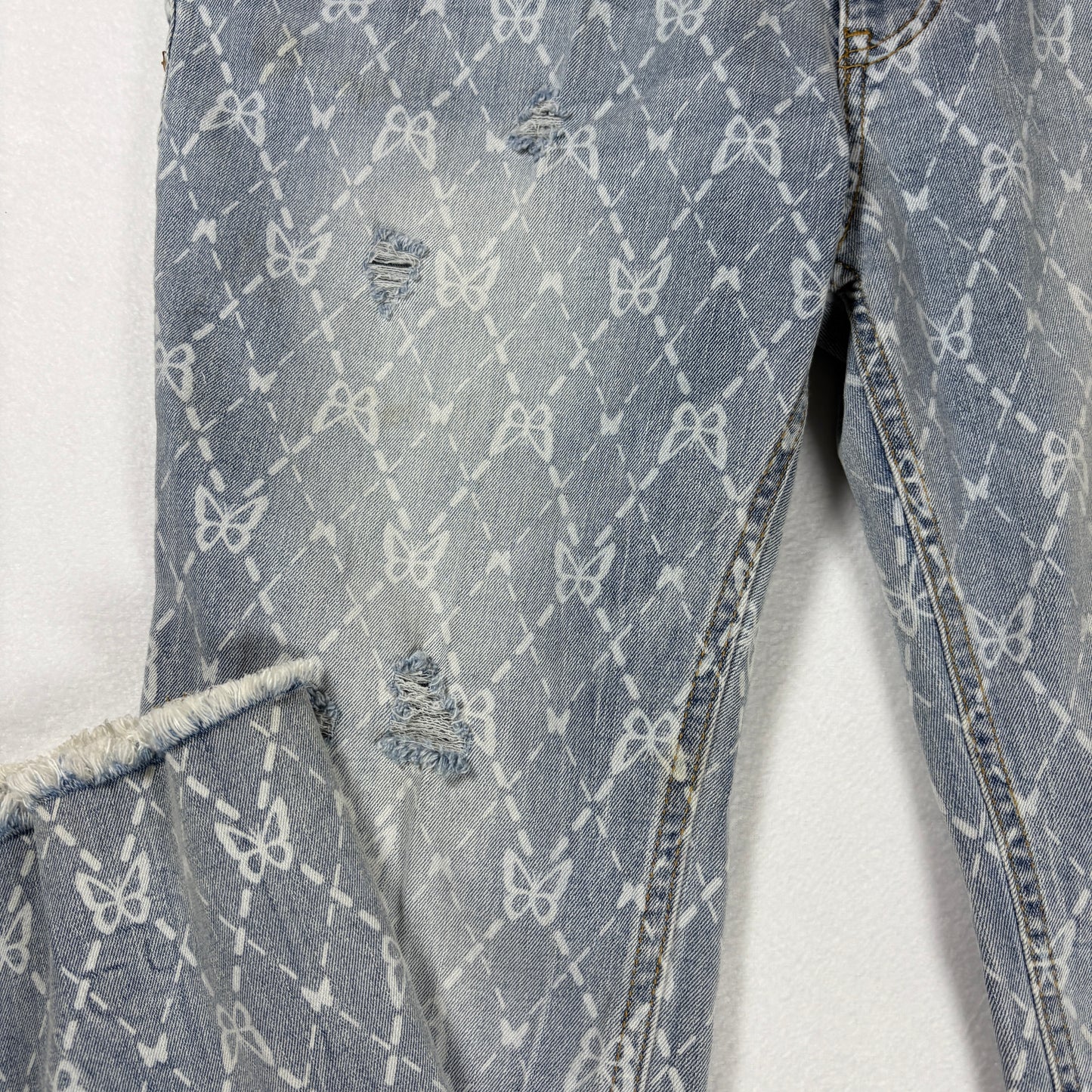 No Boundaries Jeans Womens 11 Blue Print Distressed Flare Leg Boho Y2K Denim