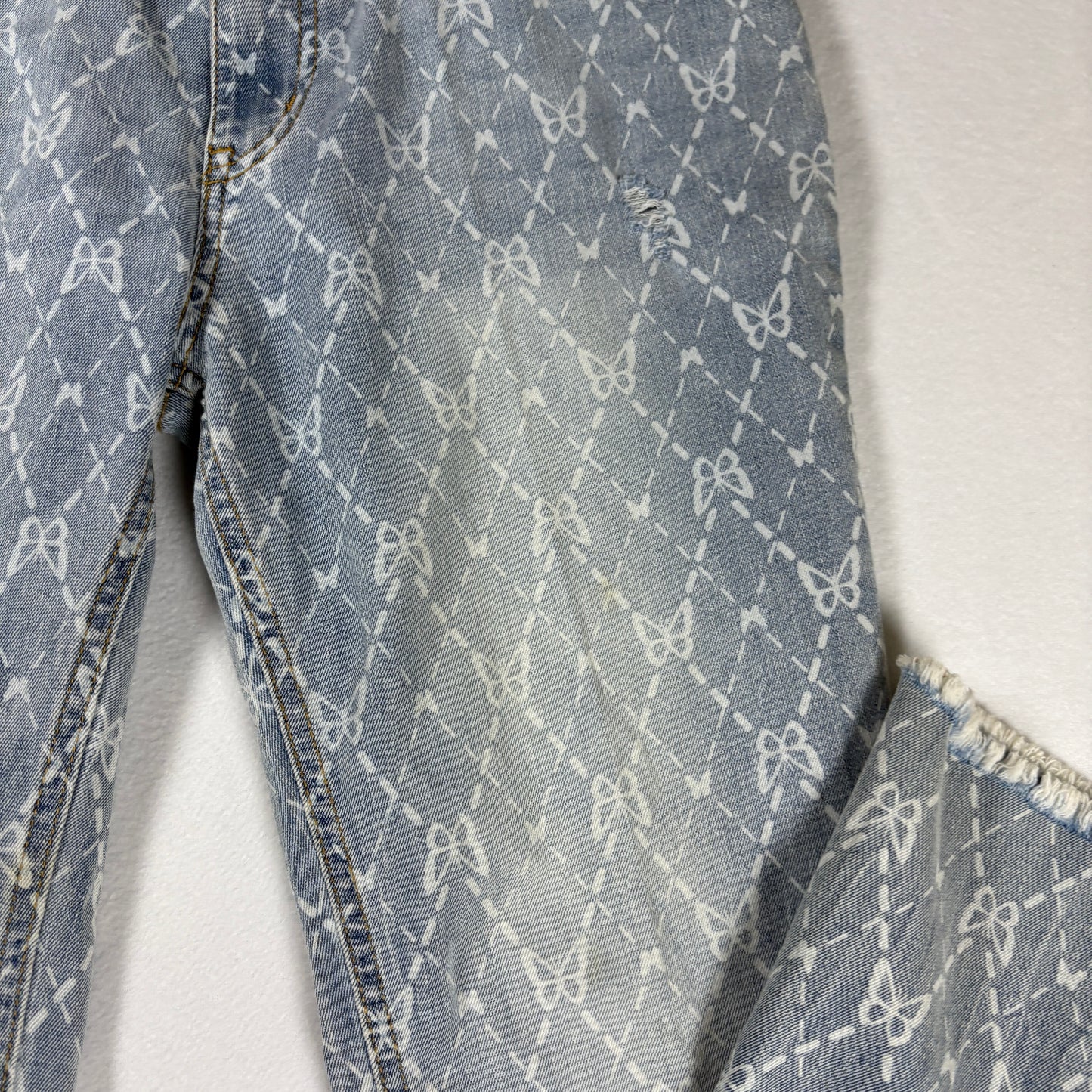 No Boundaries Jeans Womens 11 Blue Print Distressed Flare Leg Boho Y2K Denim