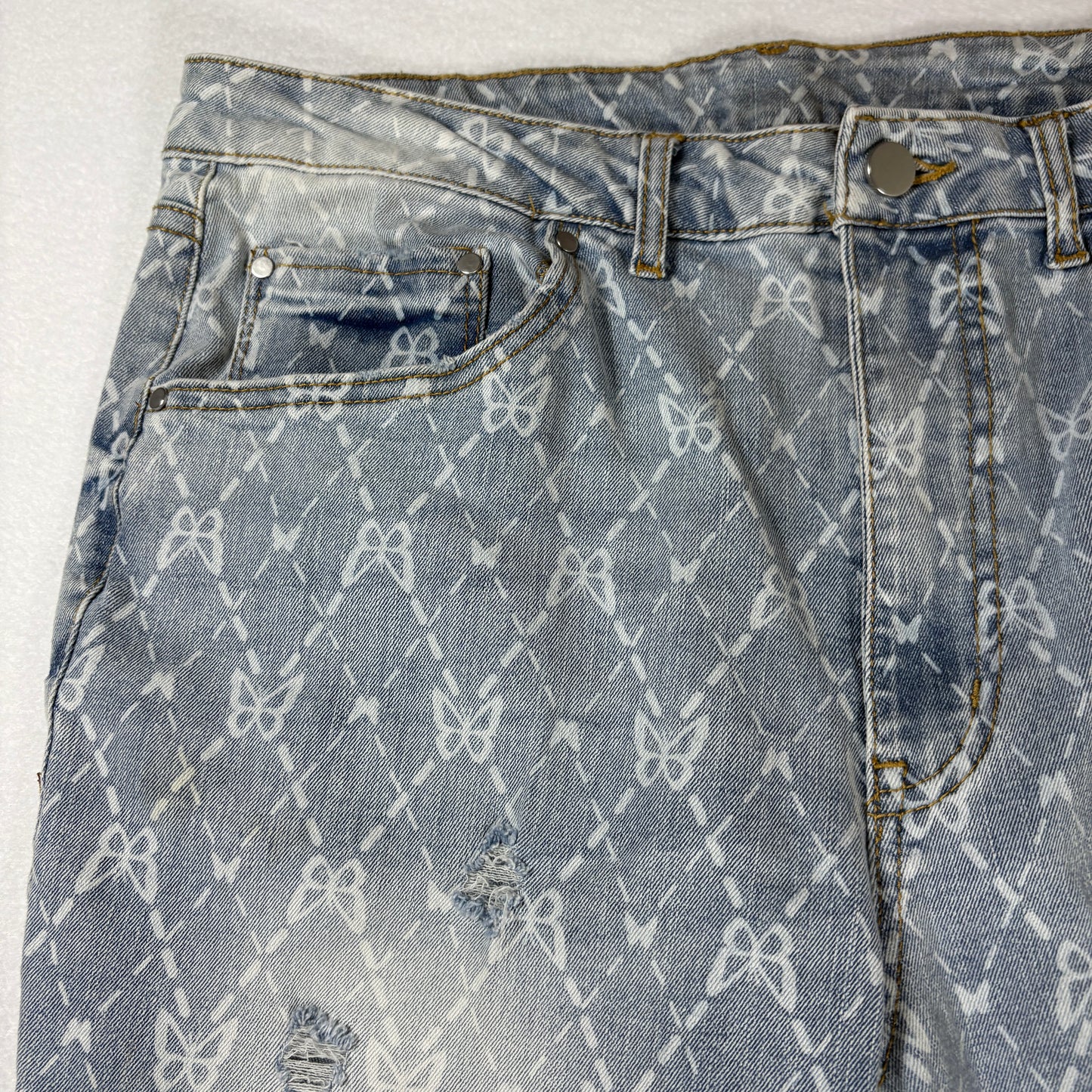 No Boundaries Jeans Womens 11 Blue Print Distressed Flare Leg Boho Y2K Denim