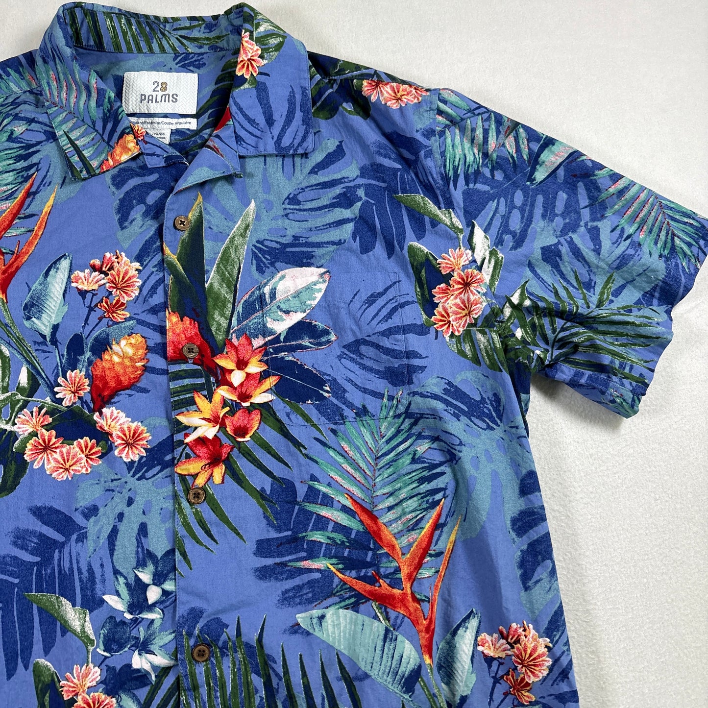 28 Palms Mens Hawaiian Shirt XL Blue Tropical Floral Aloha Button Up Vacation