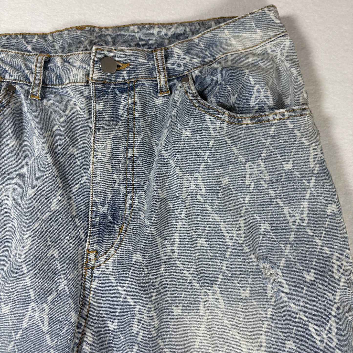 No Boundaries Jeans Womens 11 Blue Print Distressed Flare Leg Boho Y2K Denim