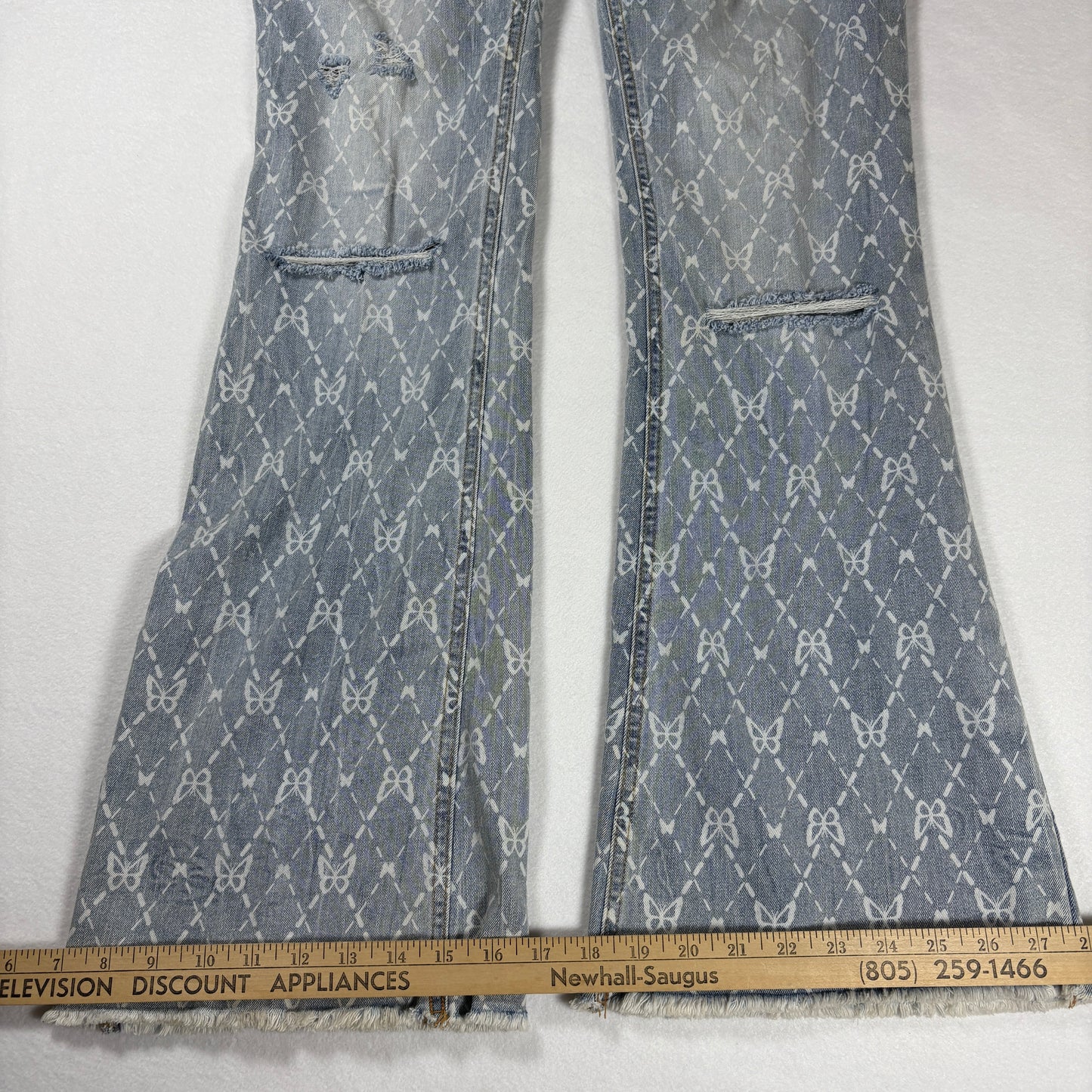 No Boundaries Jeans Womens 11 Blue Print Distressed Flare Leg Boho Y2K Denim